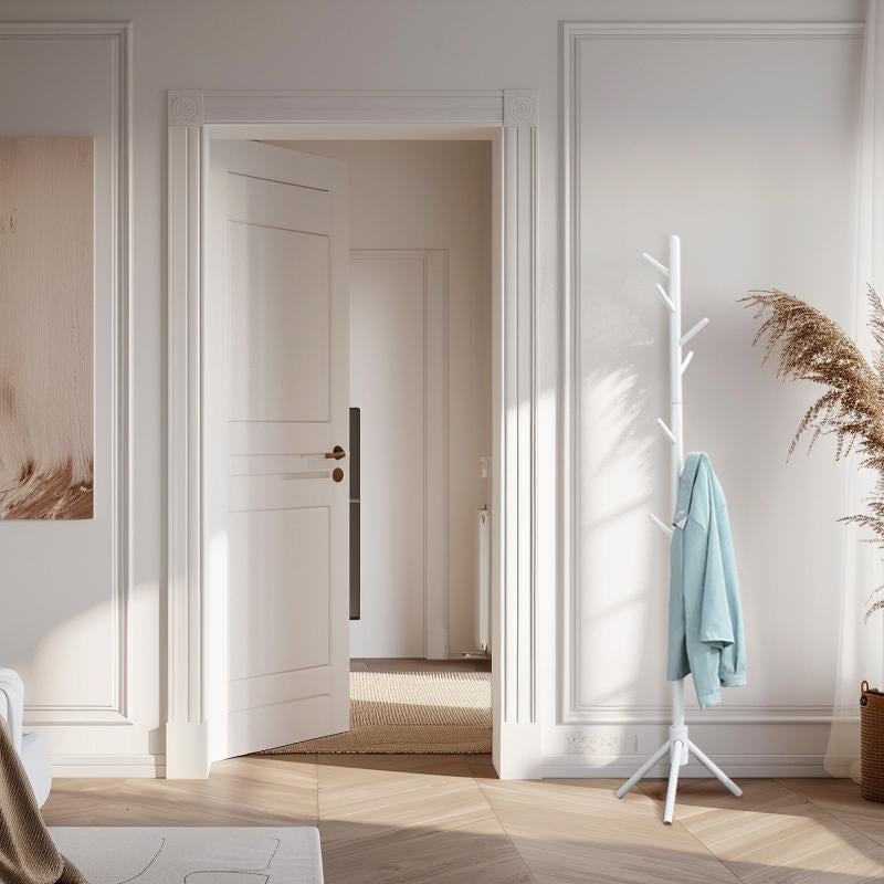 Wooden Coat Tree with 8 Hooks - White