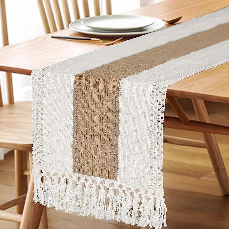 COMFEYA Boho Table Runner with Tassels - White (175cm)