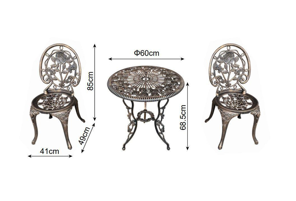 Fraser Country Outdoor Bistro Table and Chairs with Rose Pattern Set of 2 - Bronze