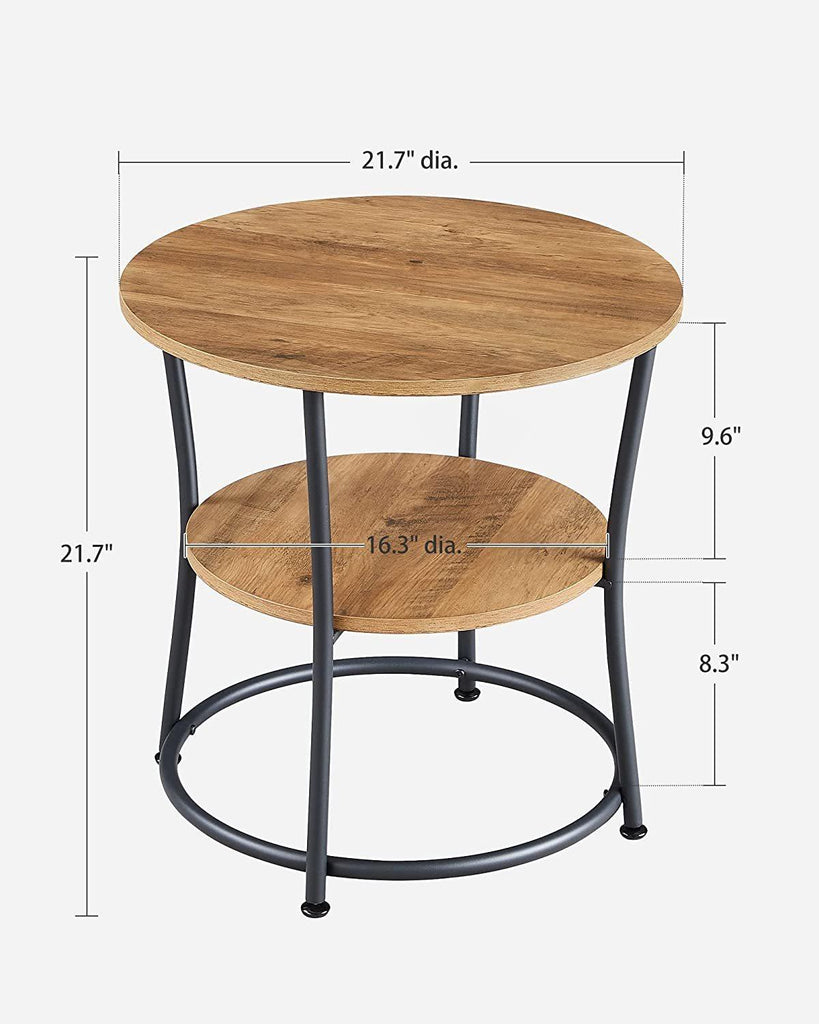 VASAGLE Round End Table with 2 Shelves - Rustic Walnut