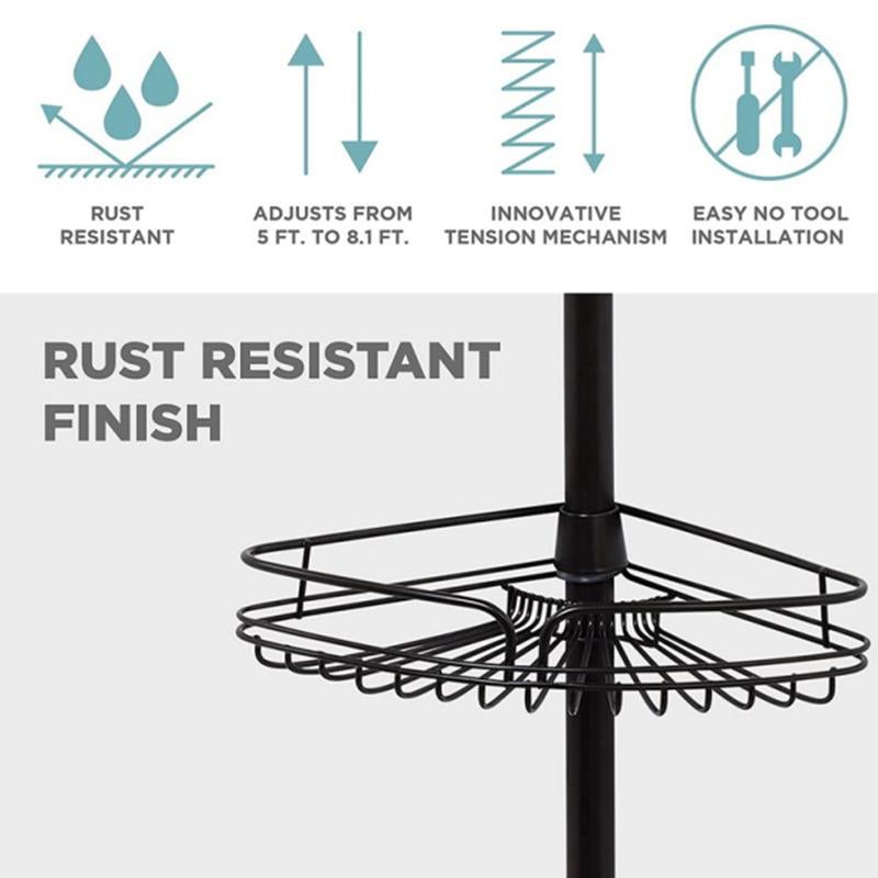 STORFEX Rust-Resistant Corner Shower Caddy with Towel Bar and Hooks - Black