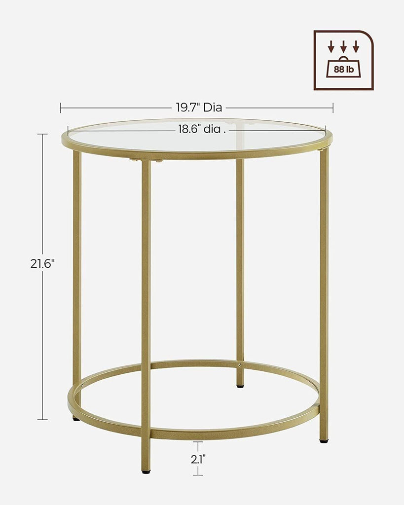 VASAGLE Set of 2 Round Metal Side Tables with Tempered Glass - Gold