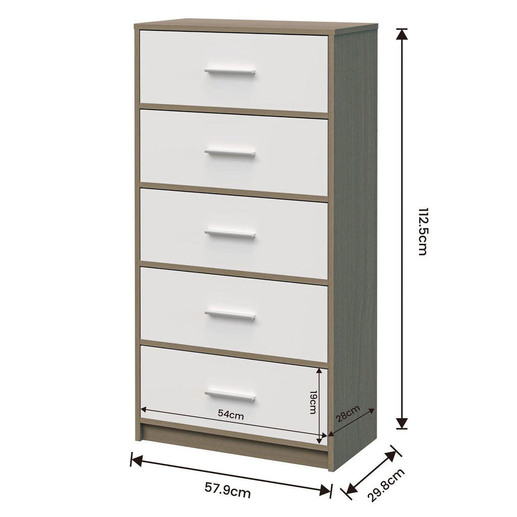 Fraser Country: Lada Home 5 Drawer Storage Dresser - Grey & White With Silver Handle