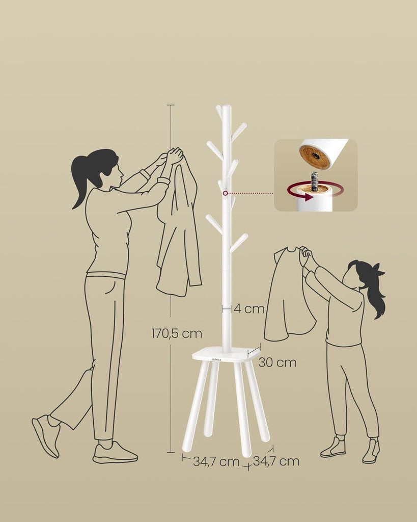 VASAGLE Coat Rack with 8 Hooks and Shelf - Cloud White