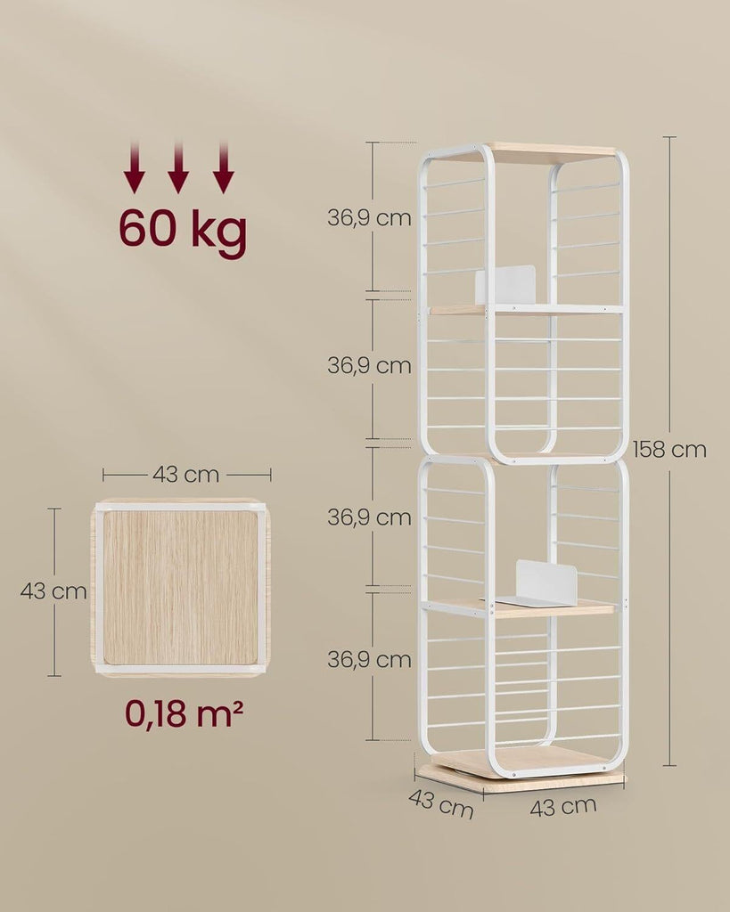 VASAGLE 4-Tier Rotating Bookshelf with Bookends - Natural Beige & Cloud White