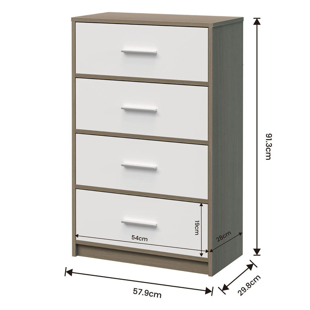 Fraser Country: Lada Home 4 Drawer Storage Dresser - Grey & White With Silver Handle