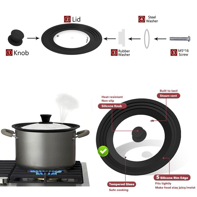 OZZYCOOK Universal Lid for Pots, Pans, and Skillets - Black