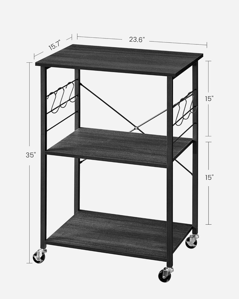 VASAGLE 3 Tier Metal Frame Kitchen Trolley - Ebony Black