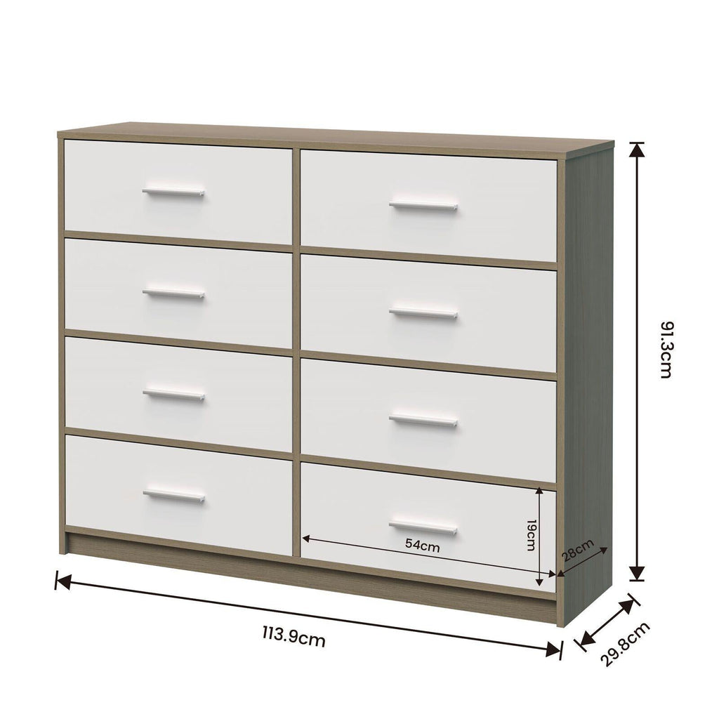 Fraser Country: Lada Home 8 Drawer Storage Dresser - Grey & White With Silver Handle