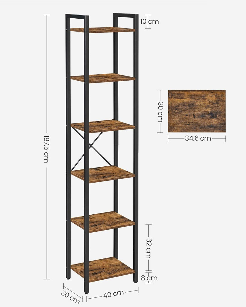 VASAGLE 6-Tier Bookshelf - Rustic Brown & Black