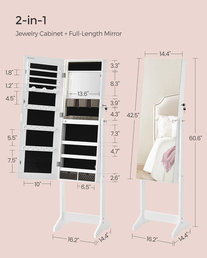 SONGMICS Standing Mirror Jewellery Cabinet - White