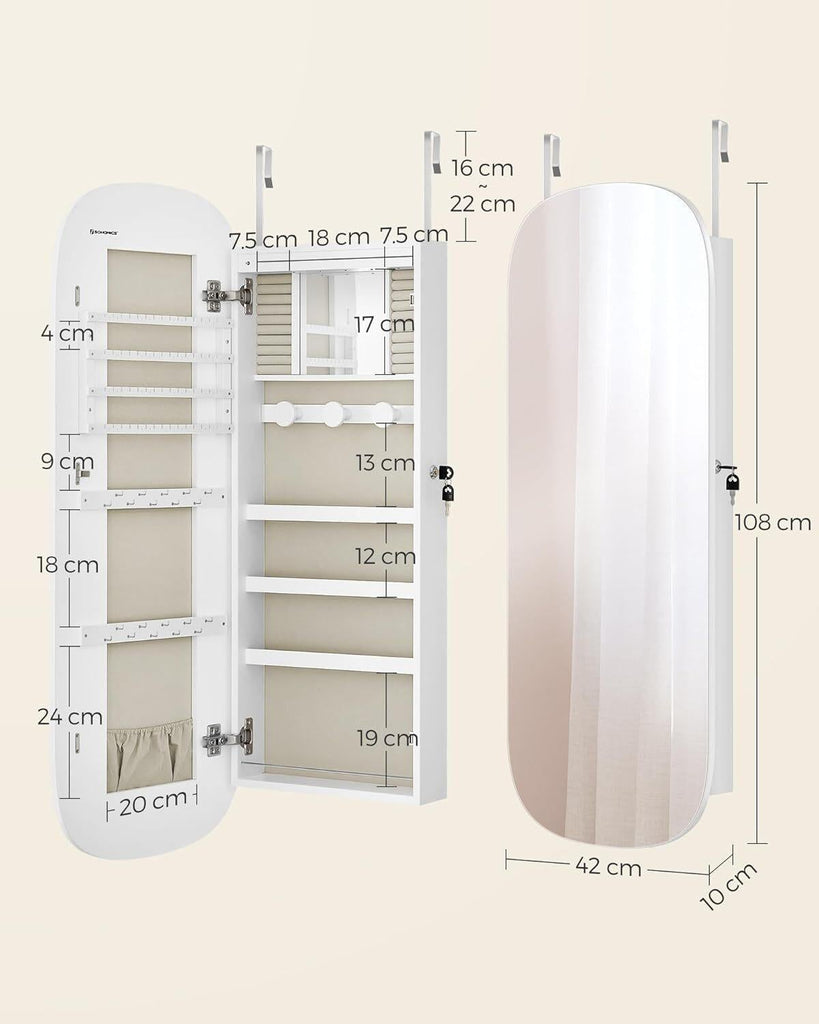 SONGMICS LED Jewelry Cabinet Wall or Door Mounted Mirror - White Surface with Greige Lining