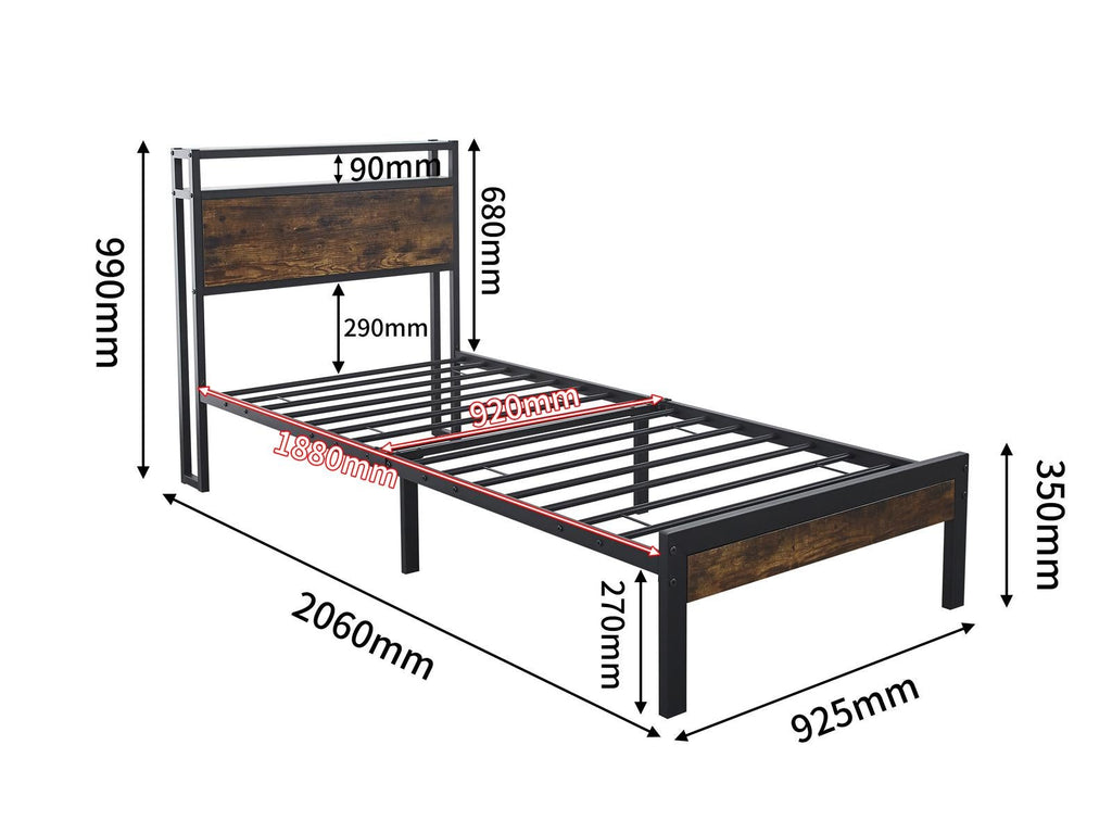 Fraser Country Single Metal Bed Frame with Wooden Rustic Brown Headboard & Footboard - Black