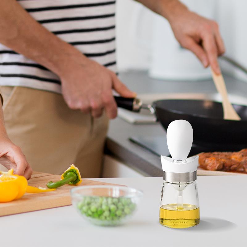 OZZYCOOK 2 Pack 2-in-1 Glass Olive Oil Bottle and Brush - White