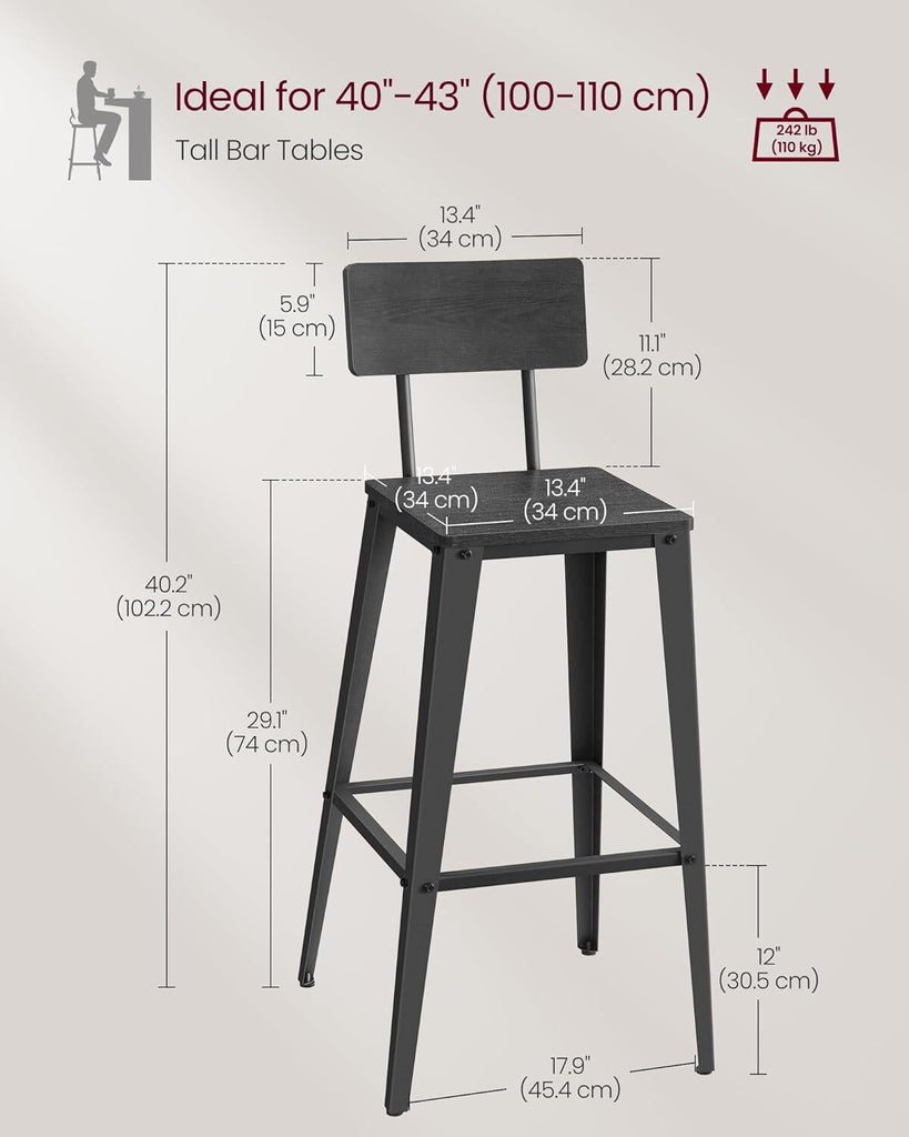 VASAGLE Bar Chairs with Backrest Set of 2 - Black