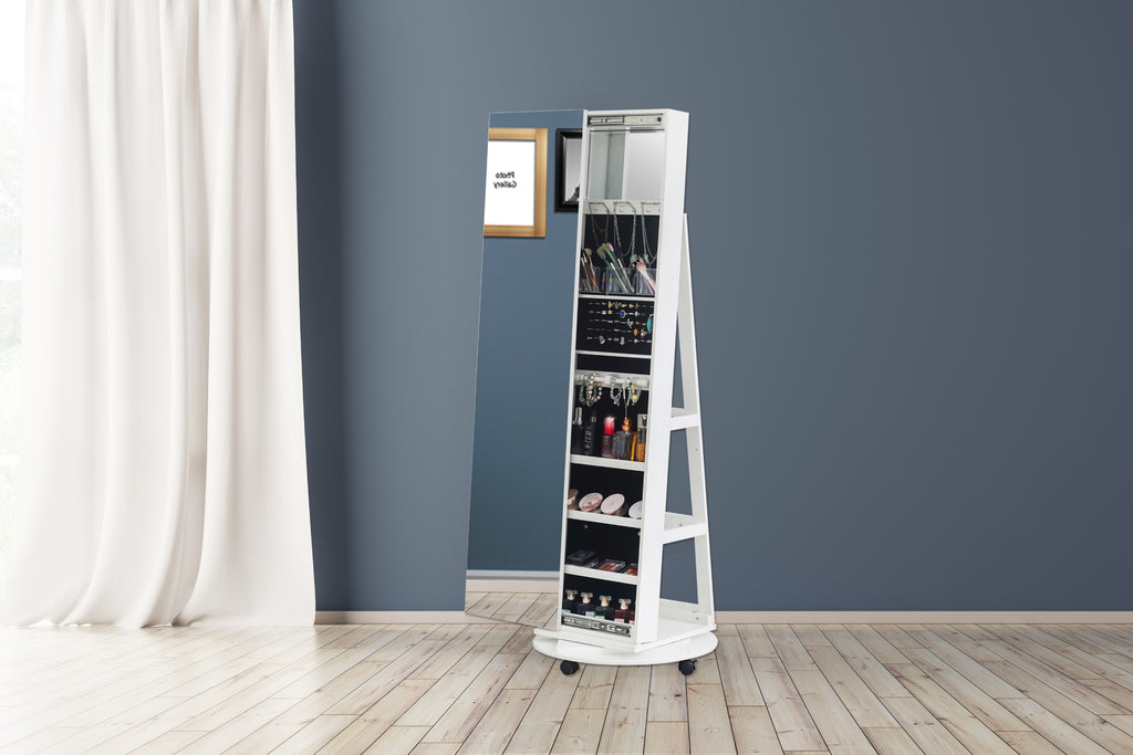 Fraser Country Free Standing Rotatable Jewelry Armoire with Mirror & Slide-Open Makeup Shelf