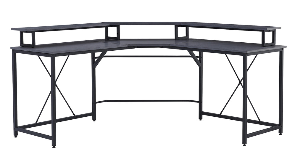 Gorilla Office: Long Corner Desk with Monitor Stand - Black/ Grey Walnut