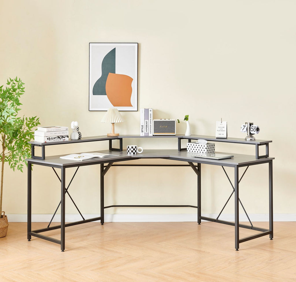 Gorilla Office: Long Corner Desk with Monitor Stand - Black/ Grey Walnut