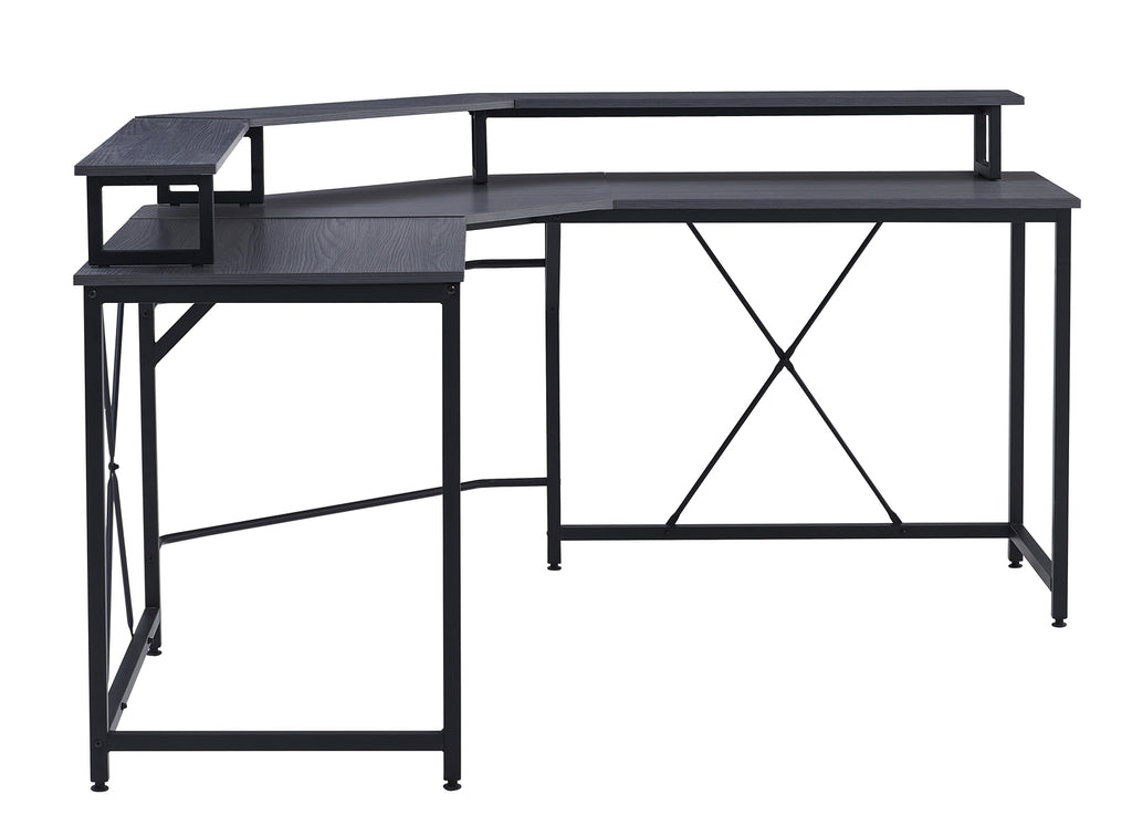 Gorilla Office: Long Corner Desk with Monitor Stand - Black/ Grey Walnut