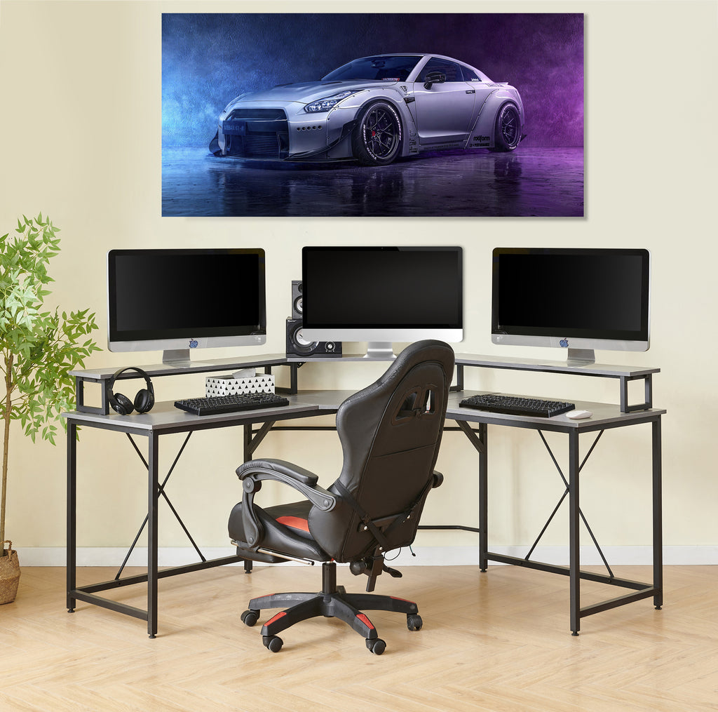 Gorilla Office: Long Corner Desk with Monitor Stand - Black/ Grey Walnut