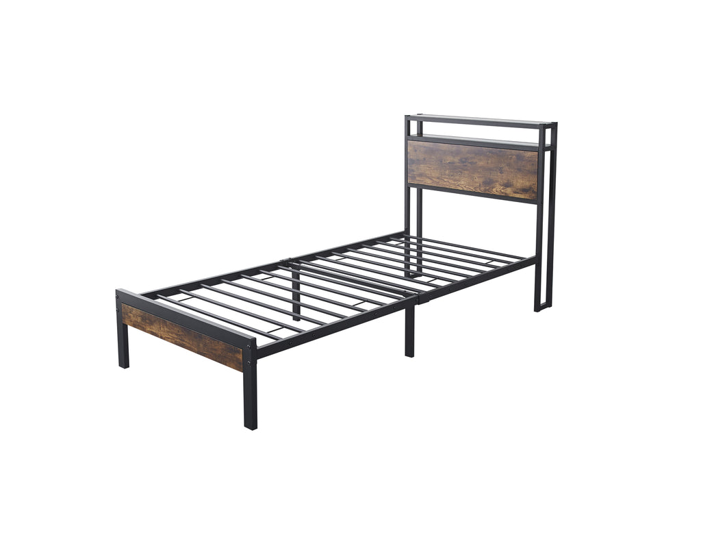 Fraser Country Single Metal Bed Frame with Wooden Rustic Brown Headboard & Footboard - Black