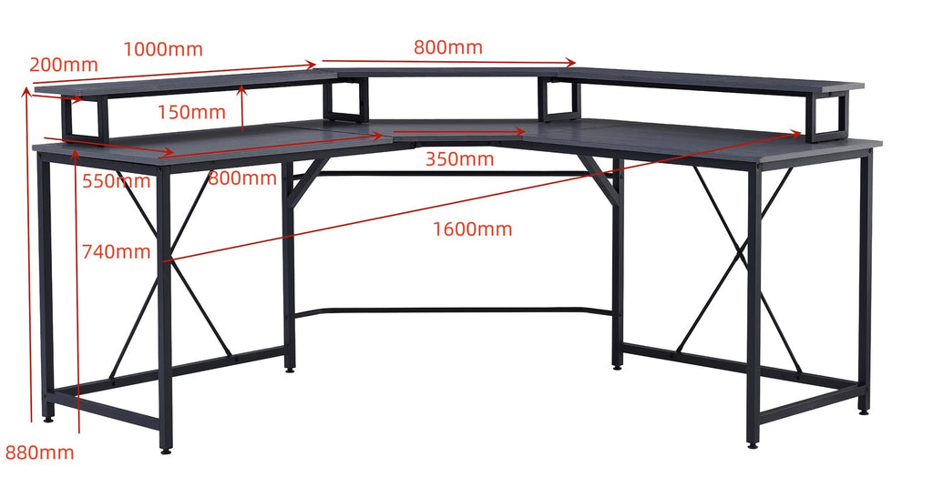 Gorilla Office: Long Corner Desk with Monitor Stand - Black/ Grey Walnut