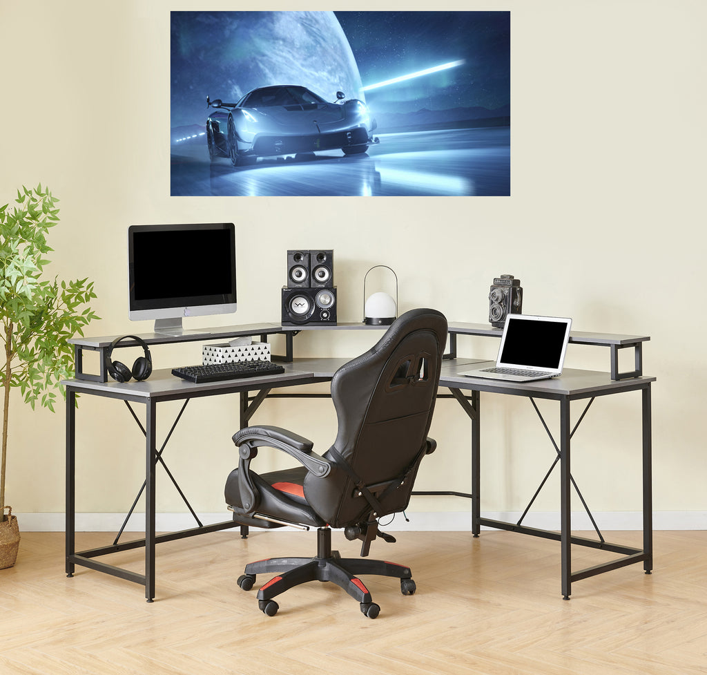 Gorilla Office: Long Corner Desk with Monitor Stand - Black/ Grey Walnut