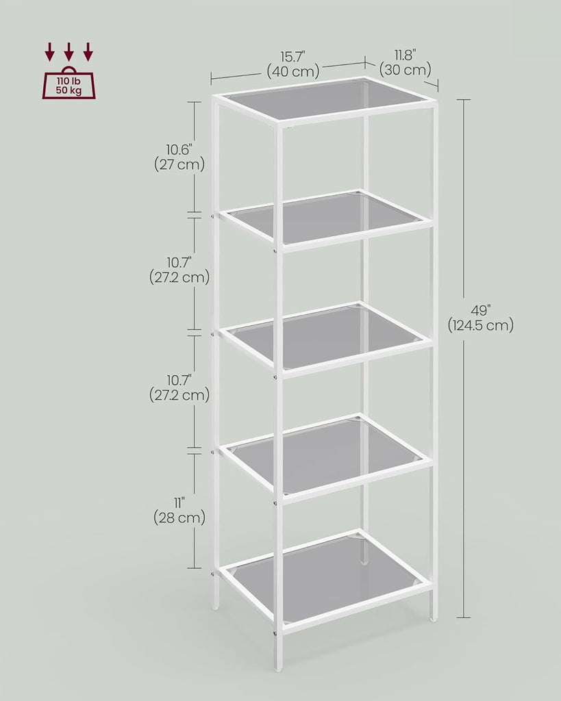 VASAGLE 5-Tier Bookshelf with Tempered Glass - Pearl White & Slate Gray
