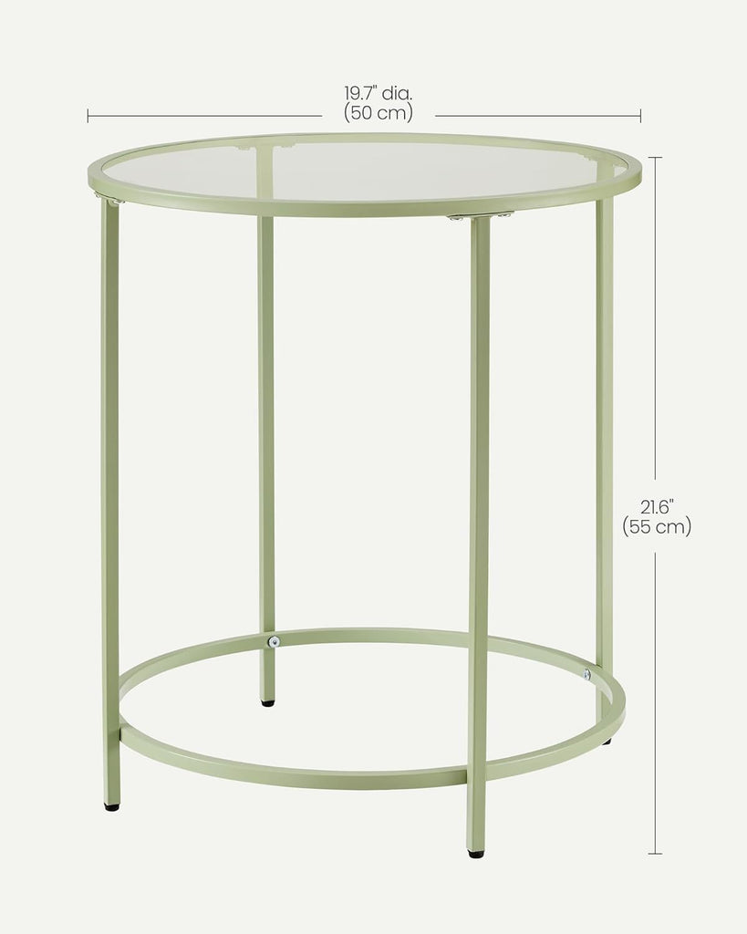 VASAGLE Round End Table with Tempered Glass - Laurel green & Transparent