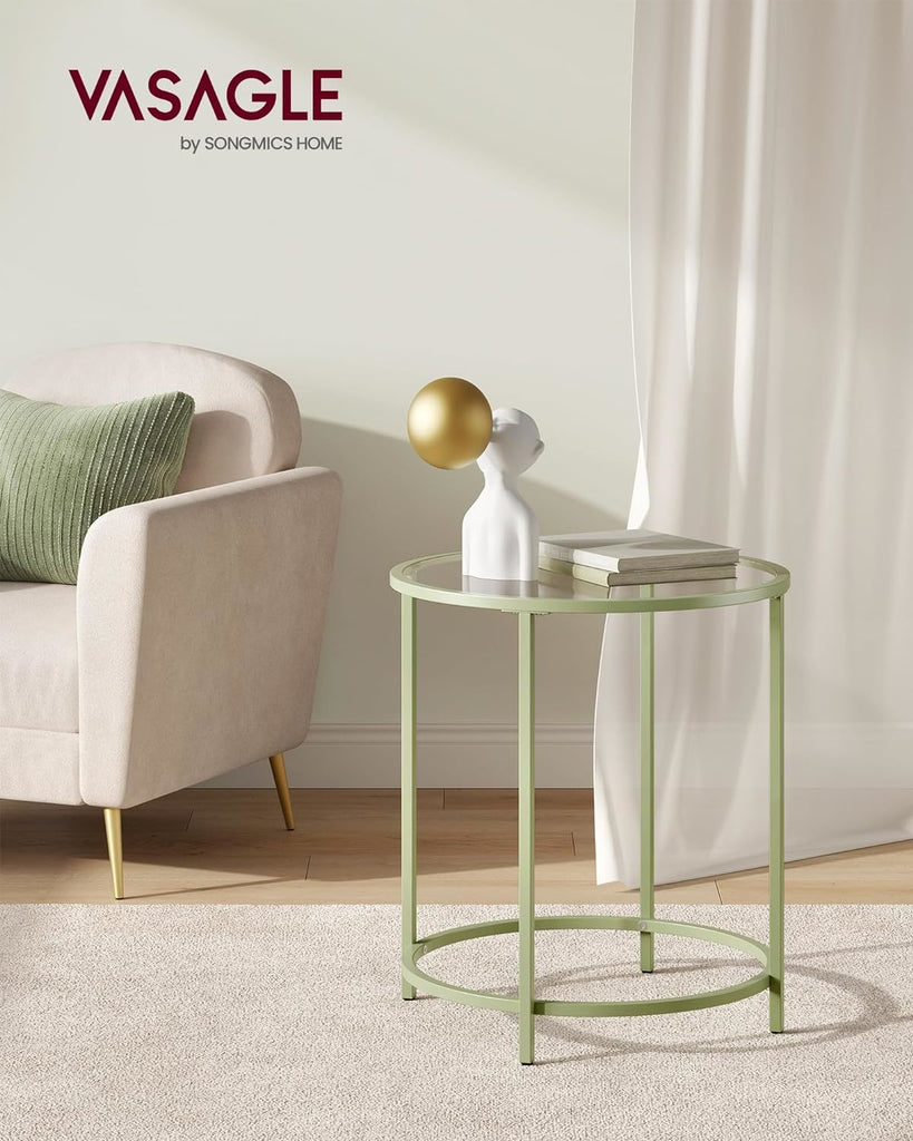 VASAGLE Round End Table with Tempered Glass - Laurel green & Transparent