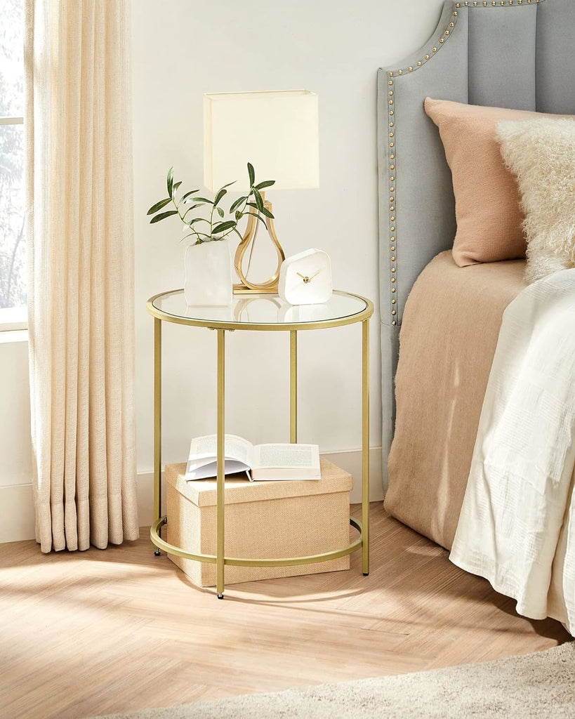 VASAGLE Set of 2 Round Metal Side Tables with Tempered Glass - Gold