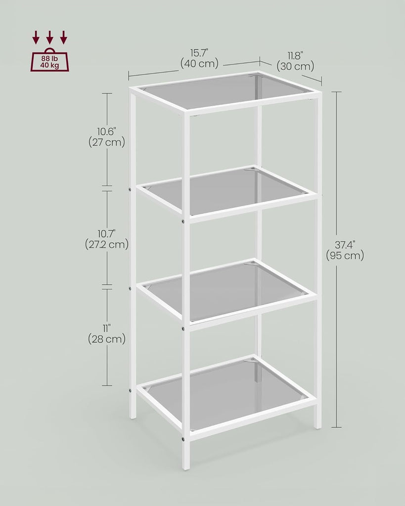 VASAGLE 4-Tier Bookshelf with Tempered Glass - Pearl White and Slate Gray