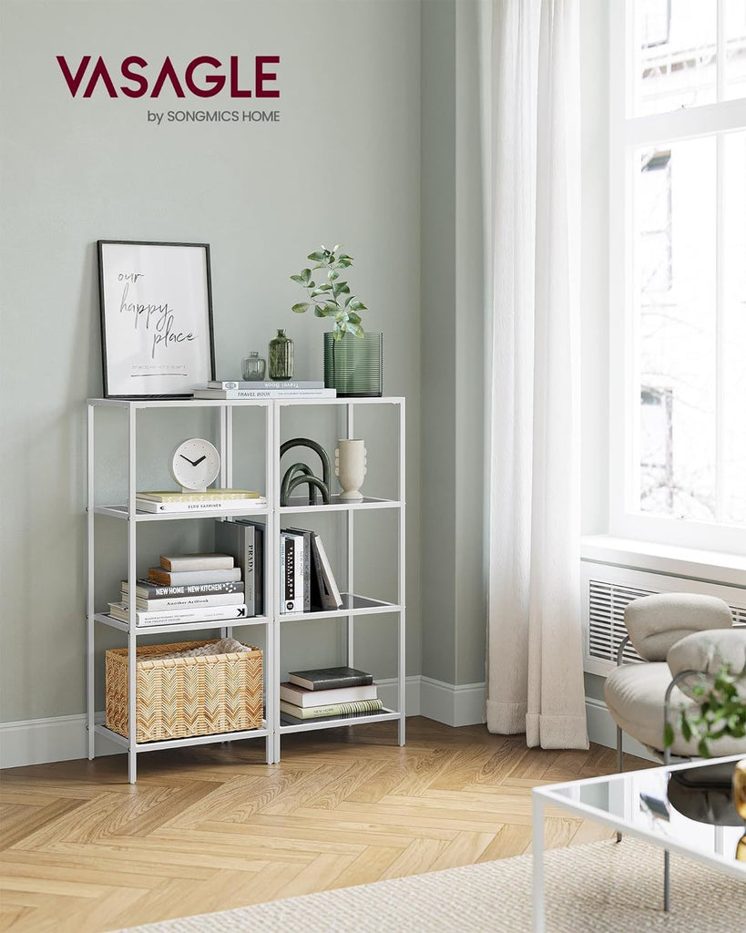 VASAGLE 4-Tier Bookshelf with Tempered Glass - Pearl White and Slate Gray