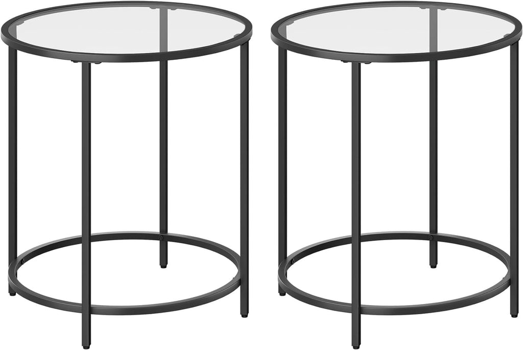 VASAGLE Round Metal Side Tables with Tempered Glass Set of 2 - Black