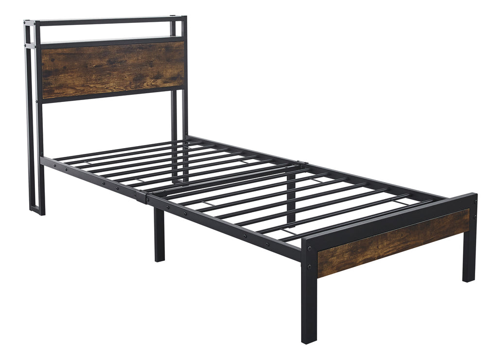 Fraser Country Single Metal Bed Frame with Wooden Rustic Brown Headboard & Footboard - Black