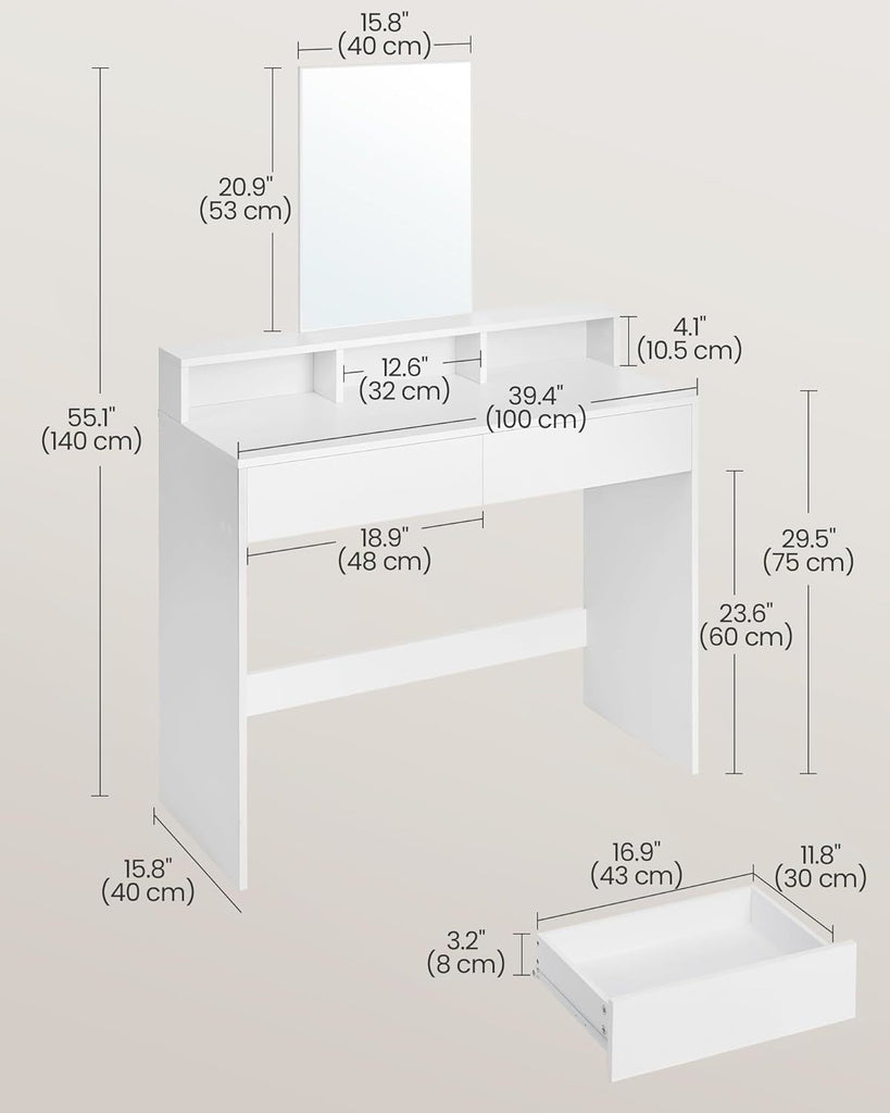 VASAGLE Dressing Table with Large Mirror - White