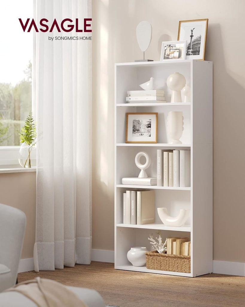 VASAGLE Floor Standing 5-Tier Open Bookcase with Adjustable Storage Shelves - White