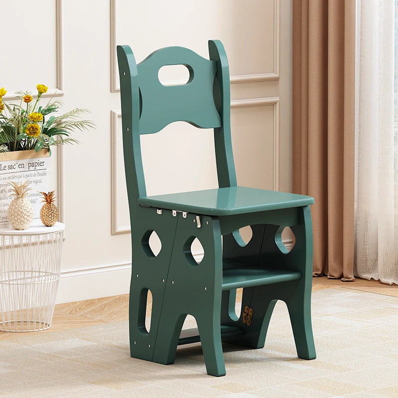 2 IN 1 Convertible Folding Wooden Chair and Stepladder (Green)