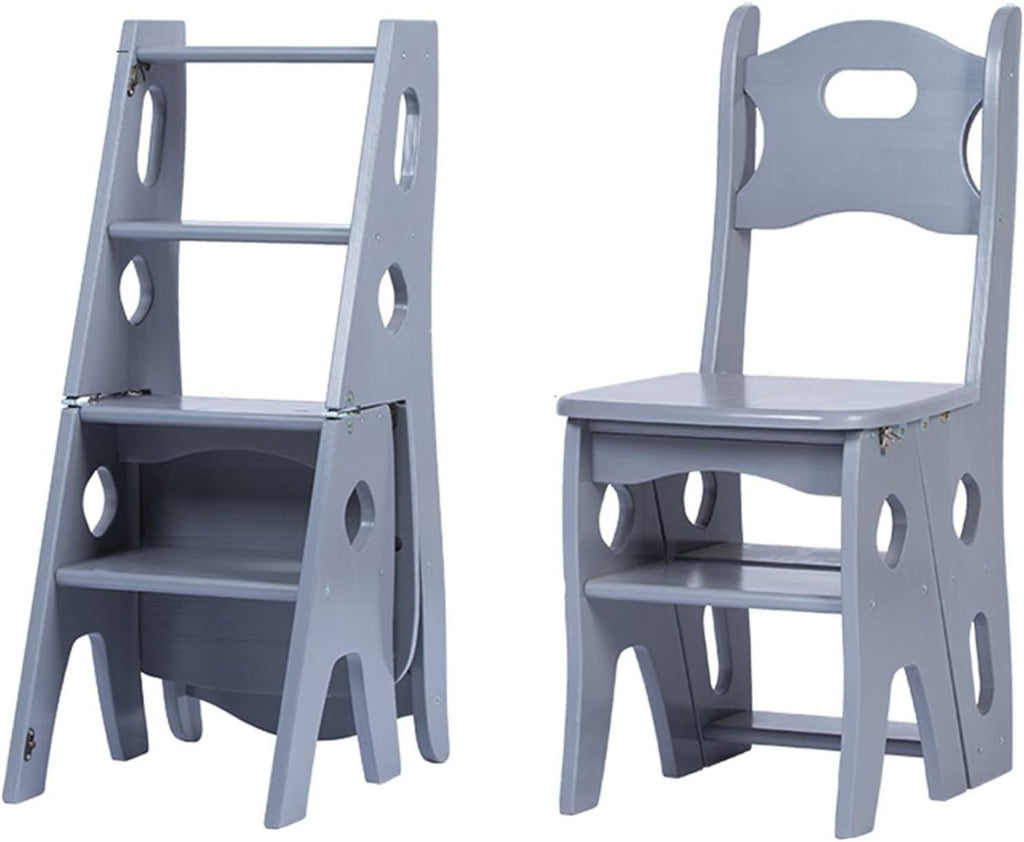 2 IN 1 Convertible Folding Wooden Chair and Stepladder (Grey)