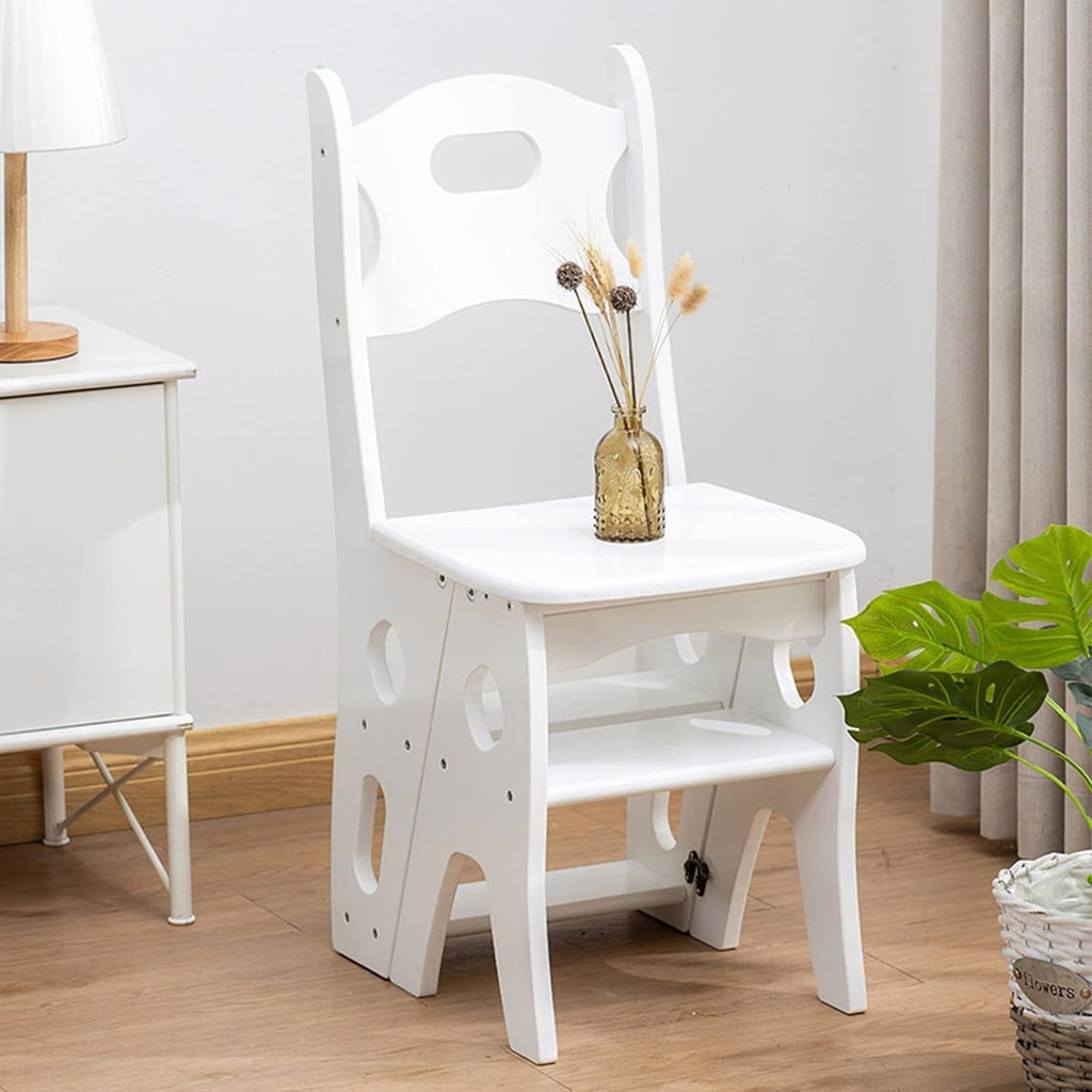 2 IN 1 Convertible Folding Wooden Chair and Stepladder (White)
