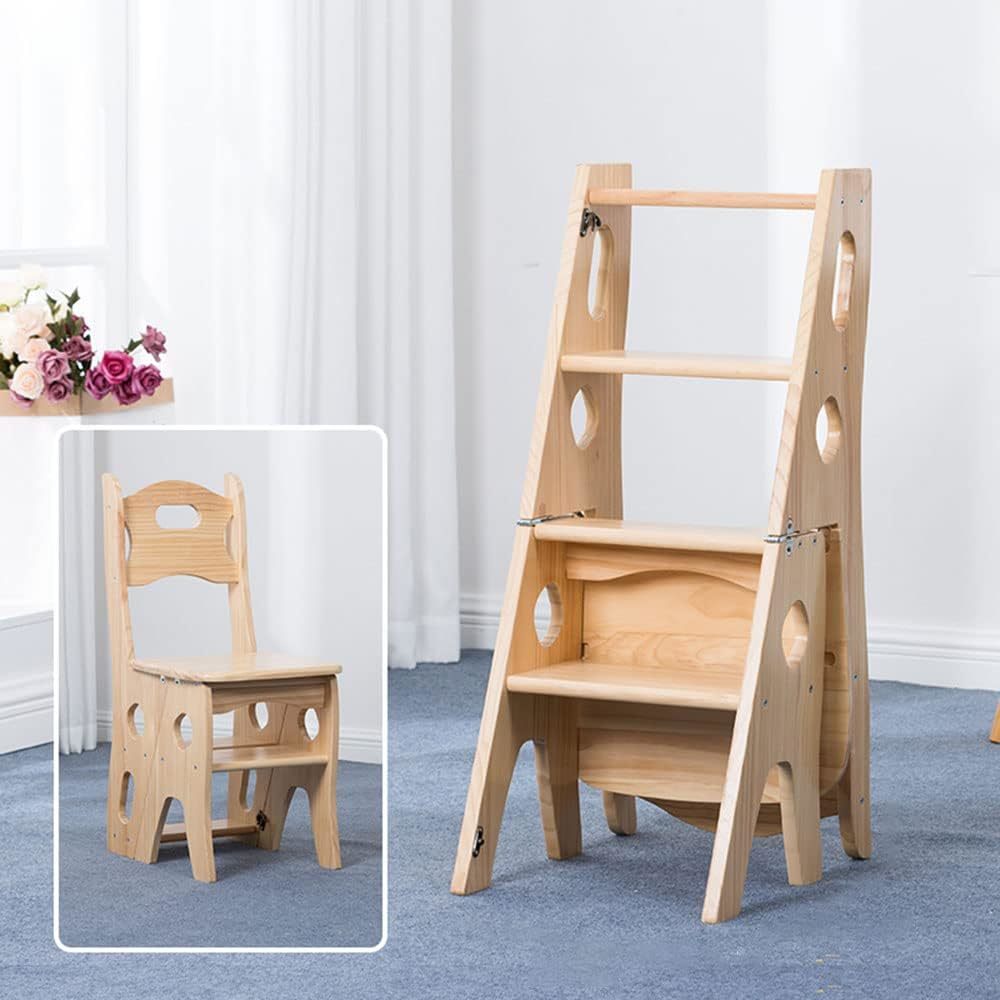 2 IN 1 Convertible Folding Wooden Chair and Stepladder (Wood)