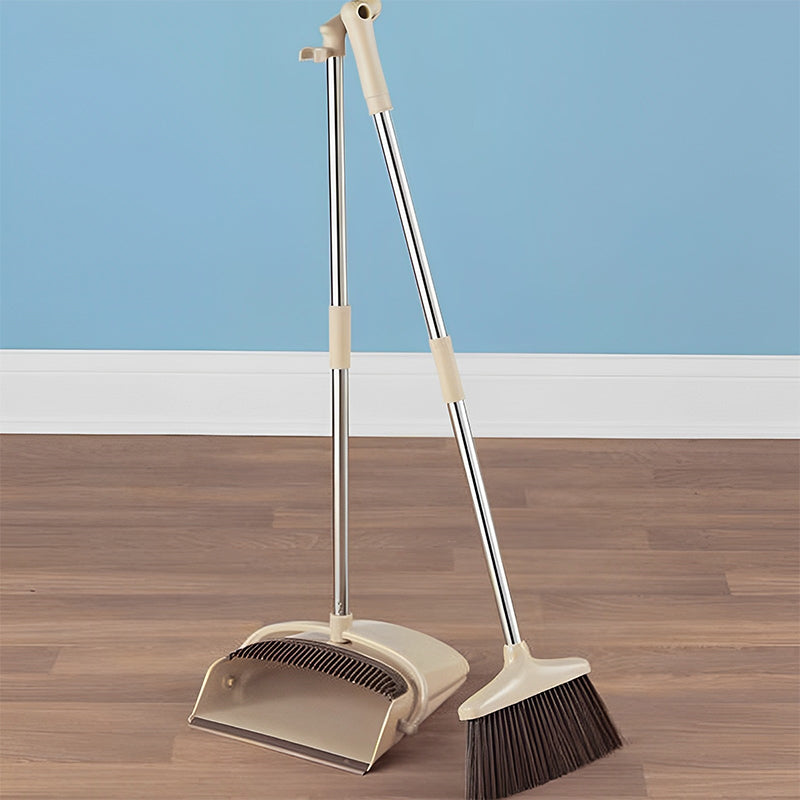 CLEANFOK Height Adjustable Broom and Dustpan Set - Khaki