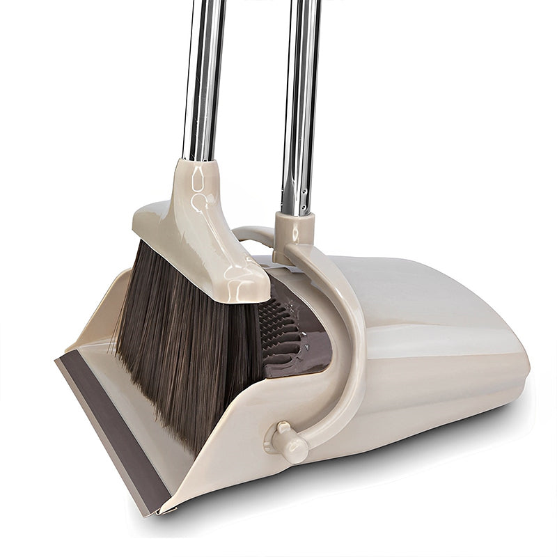 CLEANFOK Height Adjustable Broom and Dustpan Set - Khaki