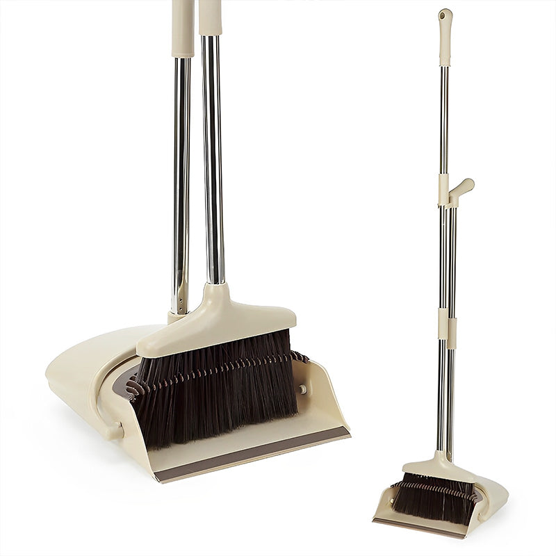 CLEANFOK Height Adjustable Broom and Dustpan Set - Khaki