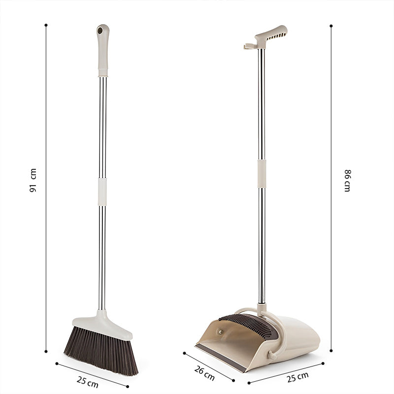 CLEANFOK Height Adjustable Broom and Dustpan Set - Khaki