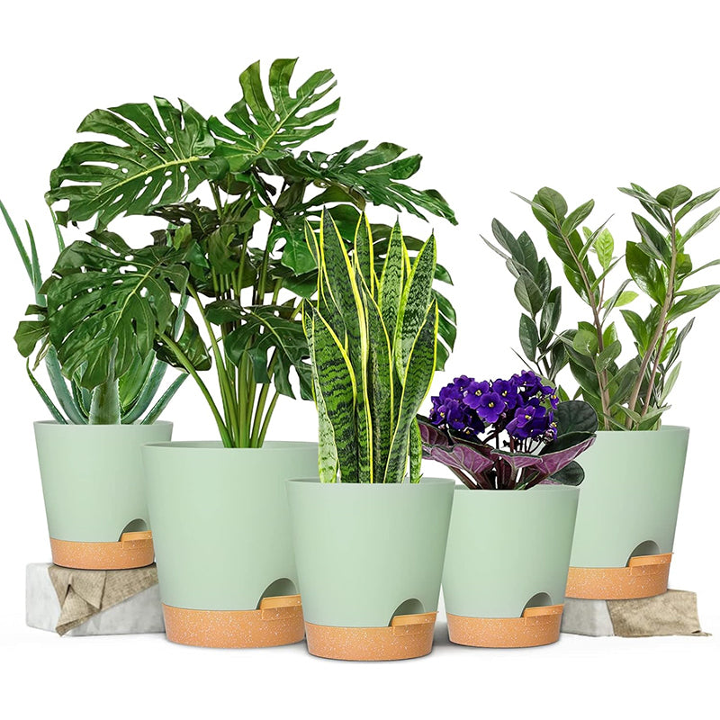 GREENHAVEN Set of 5 Self Watering Planters with Drainage Hole - Green