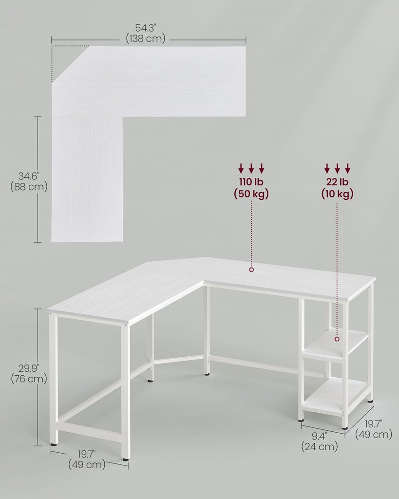 Vasagle L-Shape Computer Desk with 2 Storage Shelves - Maple White