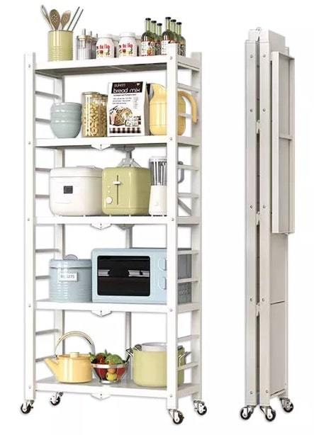 Foldable 5-Tier Heavy Duty Shelving Unit with Wheels - White