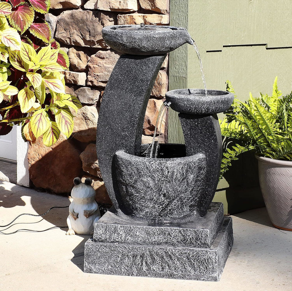 Outdoor Freestanding Solar Birdbath & Cascading Fountain with Pump & LED Light - Charcoal Blue - Fraser Country