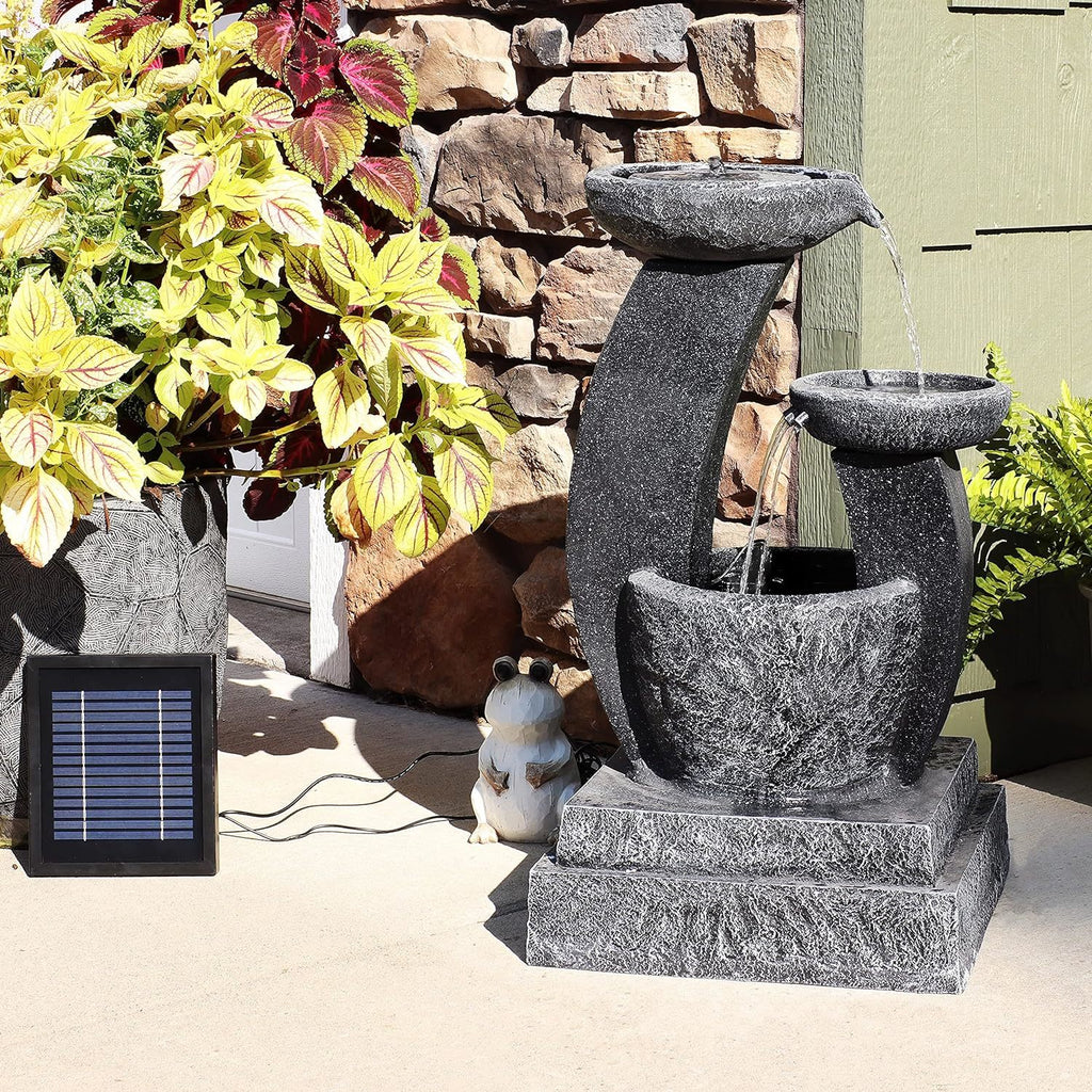 Outdoor Freestanding Solar Birdbath & Cascading Fountain with Pump & LED Light - Charcoal Blue - Fraser Country